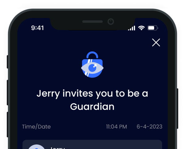 Picture of cellphone with text saying 'Jerry invites you to be a Guardian'.